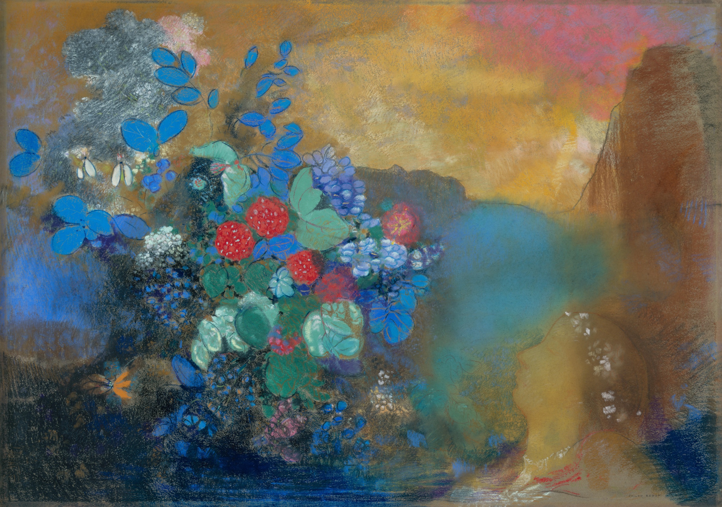 Pastel of a field of flowers dissolving into colour, with a reclining figure barely emerging among the blooms.