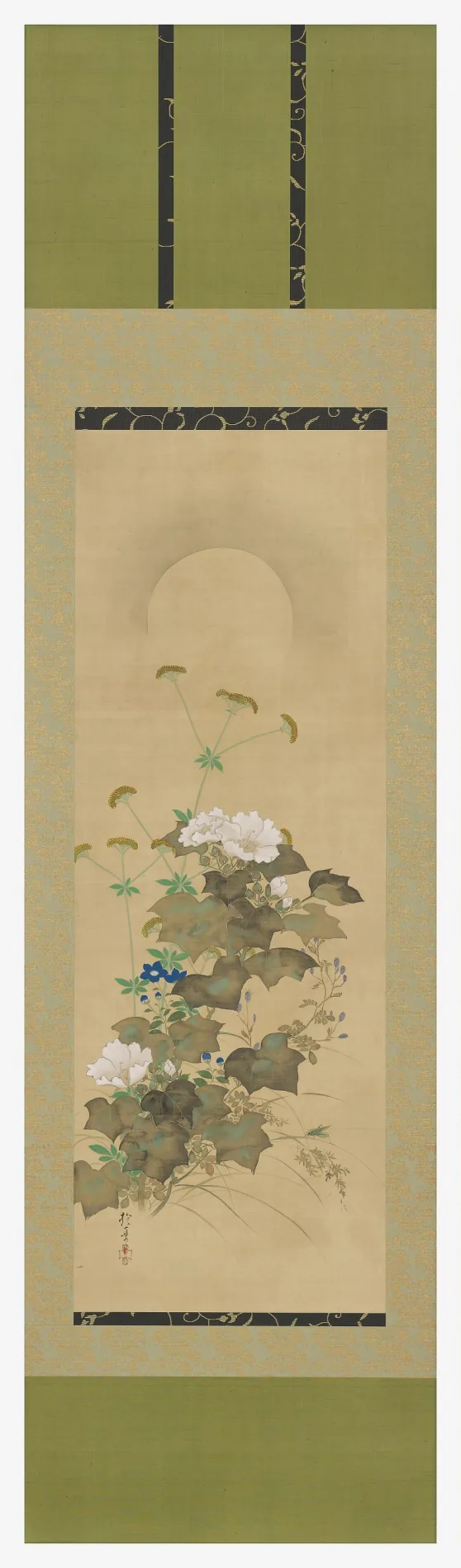 Tall Japanese hanging scroll of autumn flowers and grasses arranged below a pale moon.
